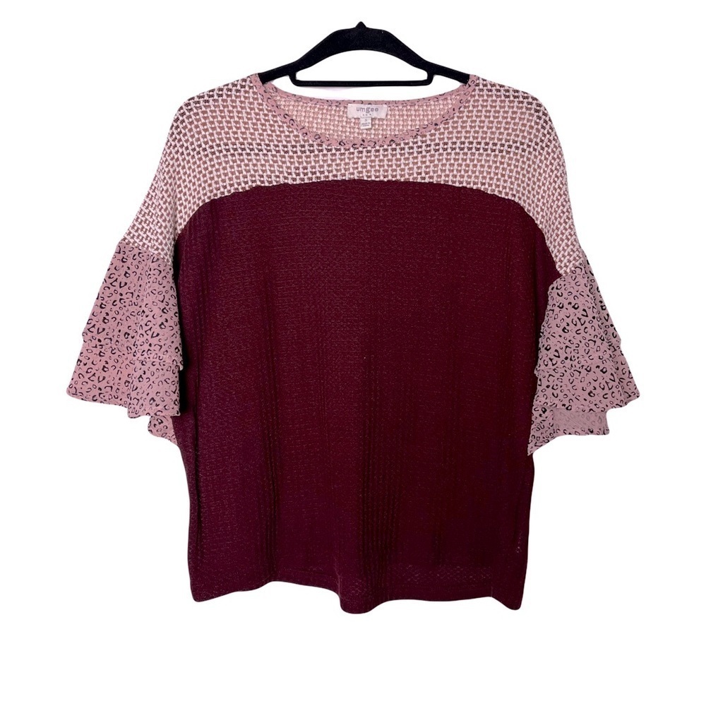 Umgee | Burgundy Pink Mixed Knit Flutter Sleeve Animal Print Top, Small